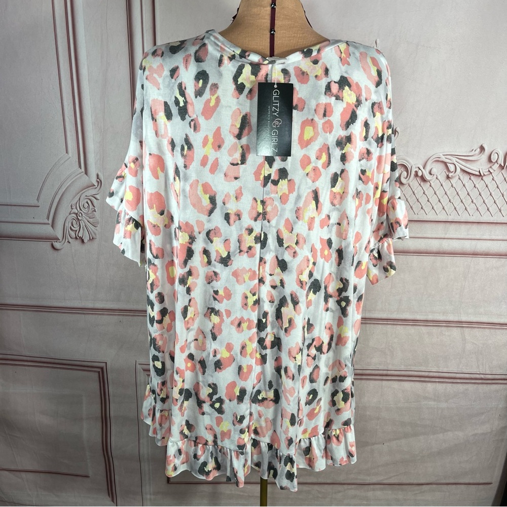 NWT Glitzy Girlz Under the Sun Coral Watercolor Leopard Print Top 3XL - Picture 9 of 10